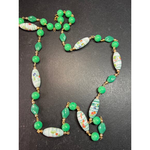 Vintage 32" Italian Murano Art Glass Green Floral Beaded Necklace - Picture 11 of 15
